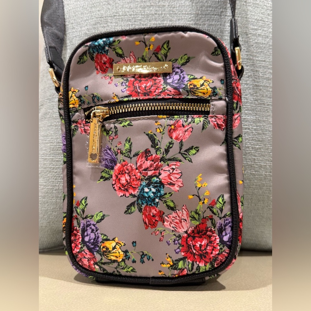Betsey Johnson: New Floral Crossbody Bag Grey Pink Floral Boho Mini 8x6 inches
